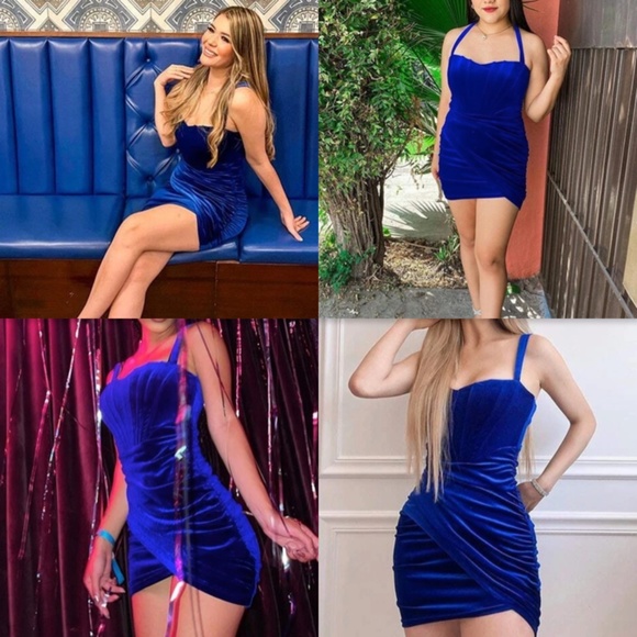 Corset Top Velvet Bodycon Mini Dress Blue Sweetheart Decollete Ruched - Picture 12 of 16